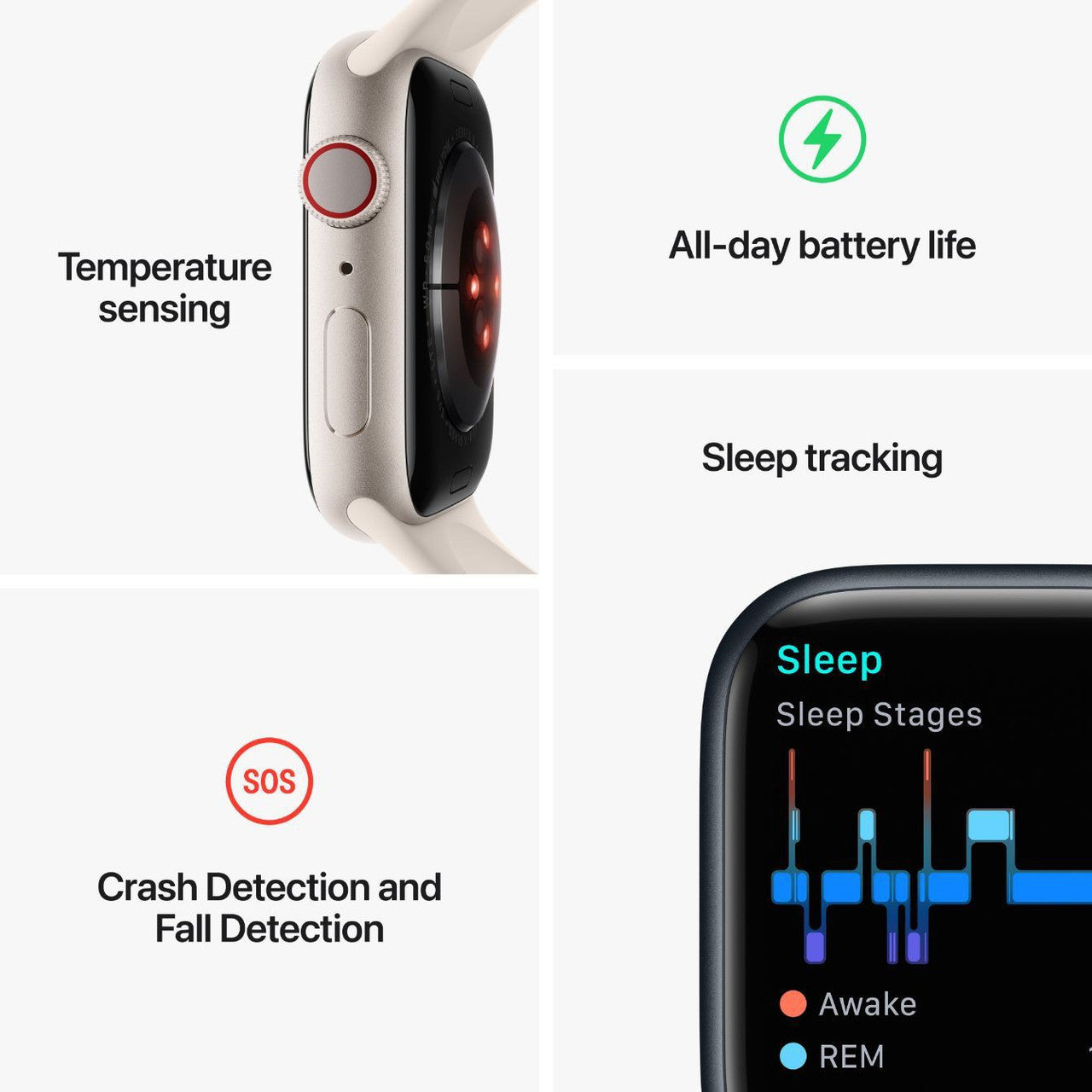 Apple Watch Series 8, 41mm GPS + Cellular ECG app, Temperature sensor, Crash Detection  (Starlight Sport Strap, Regular)